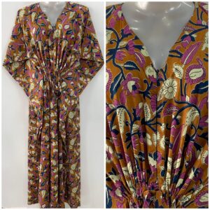 Mustard Brown Pink-Blue Leafy Bale Print Cotton Maternity Nursing Kaftan