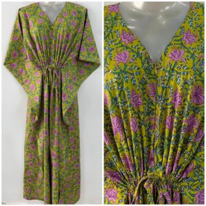 Lime Yellow Pink Flower Garden Print Cotton Maternity Nursing Kaftan
