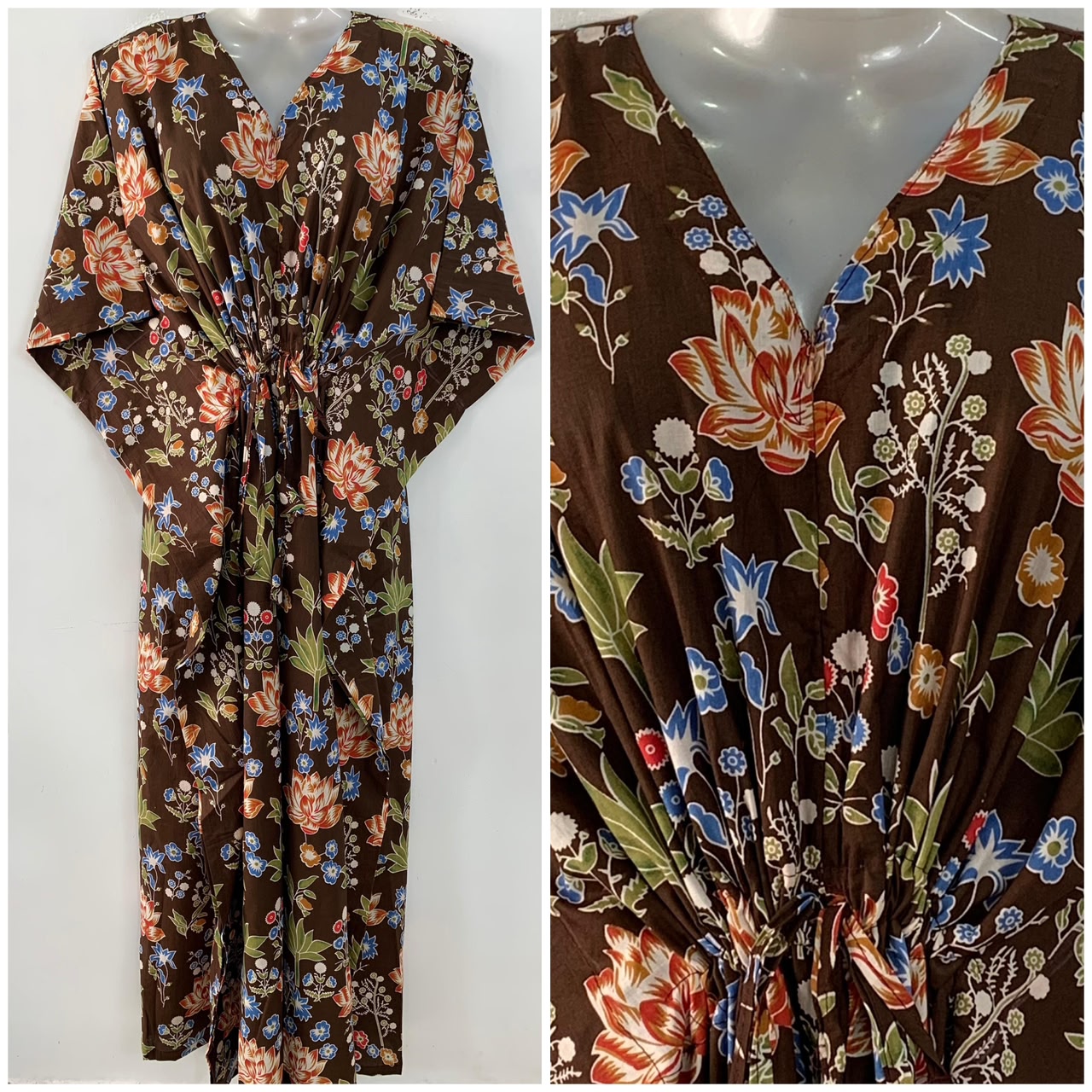 Wood Brown shade Orange Lotus Aquatic Print Cotton Maternity Nursing Kaftan