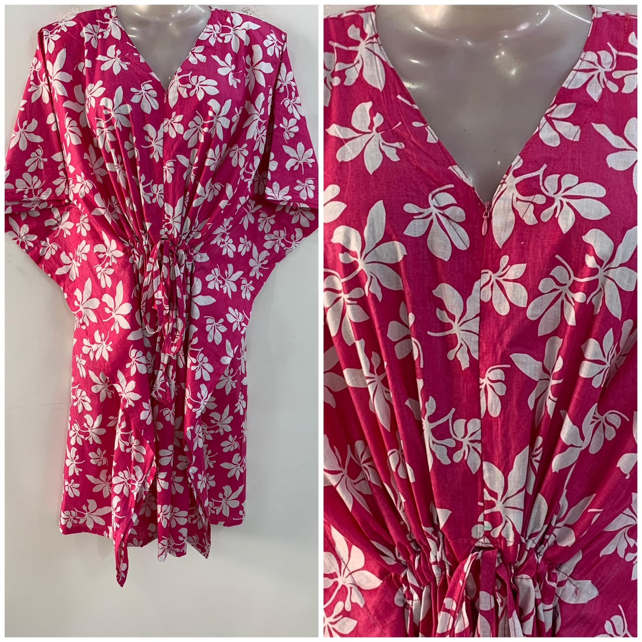 Pink shade White Autumn Leafy Print Mid-Length Cotton Maternity Kaftan Dress