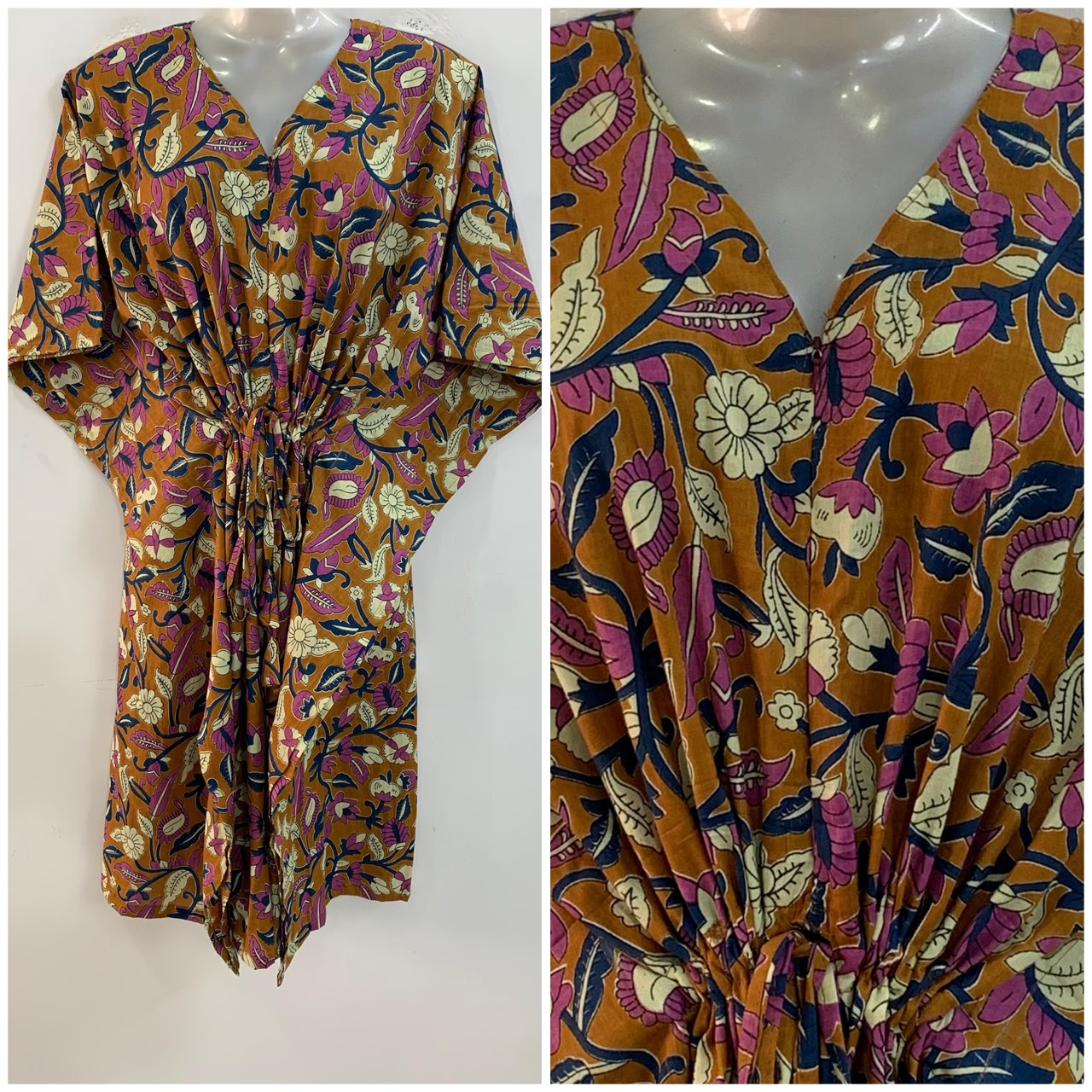 Mustard Brown Pink-Blue Leafy Bale Print Mid-Length Cotton Maternity Kaftan Dress