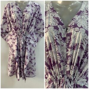 Purple shade White Hibiscus Leafy Print Mid-Length Cotton Maternity Kaftan Dress