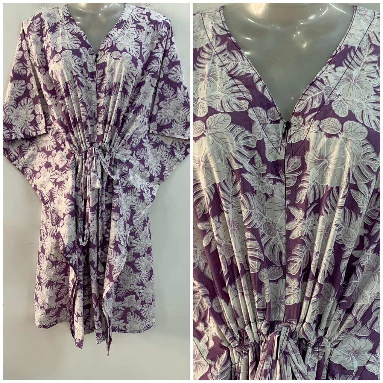 Purple shade White Hibiscus Leafy Print Mid-Length Cotton Maternity Kaftan Dress