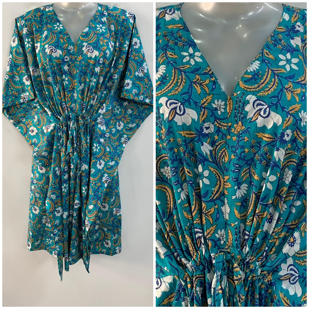 Blue shade White Flower Yellow Leafy Bale Print Mid-Length Cotton Maternity Kaftan Dress