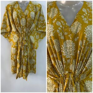 Yellow shade Big Dahlia Print Mid-Length Cotton Maternity Kaftan Dress