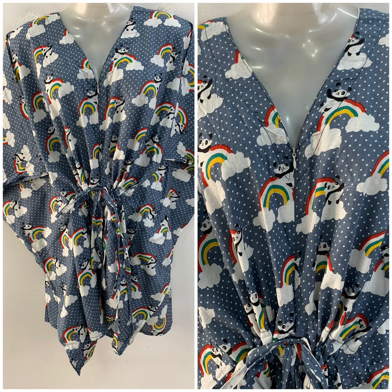 Grey Shade Rainbow Panda Print Cotton Nursing Maternity Kaftan Tops