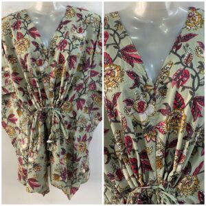 Slate Green Shade Yellow Marigold Flower Print Cotton Nursing Maternity Kaftan Tops