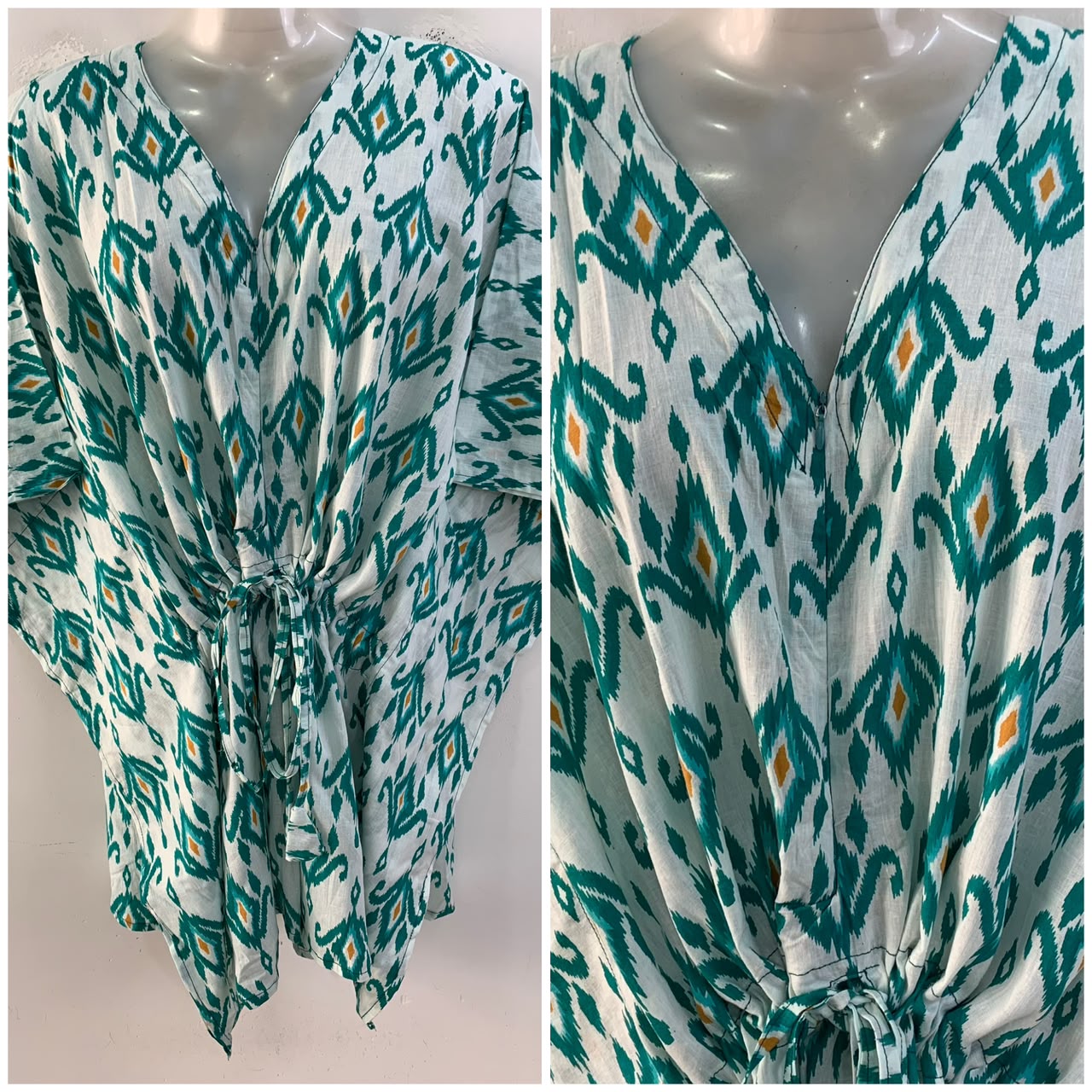 White Shade Segreen Temple Ikkat Print Cotton Nursing Maternity Kaftan Tops