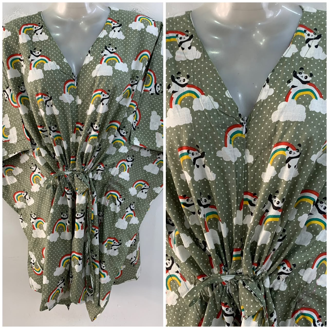 Slate Green Shade Rainbow Panda Print Cotton Nursing Maternity Kaftan Tops