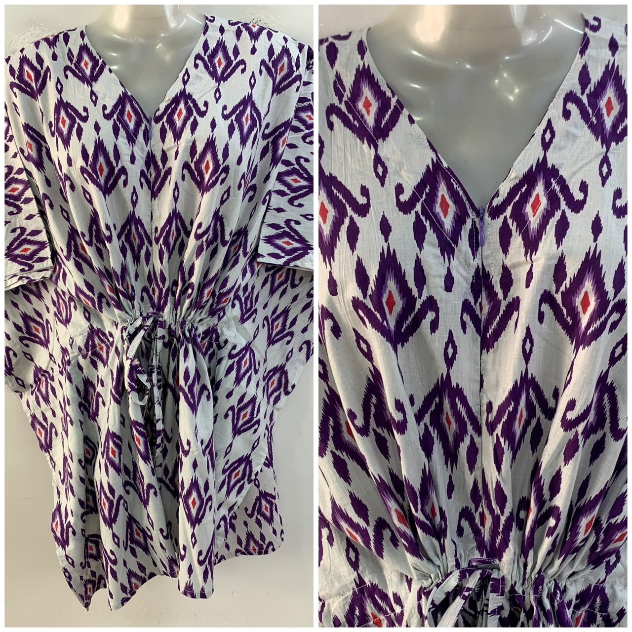 White Shade Purple Temple Ikkat Print Cotton Nursing Maternity Kaftan Tops