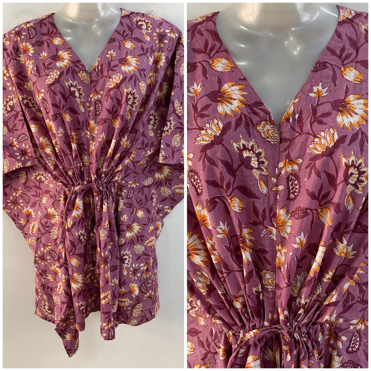 Plum Shade Orange Flower Bale Print Cotton Nursing Maternity Kaftan Tops