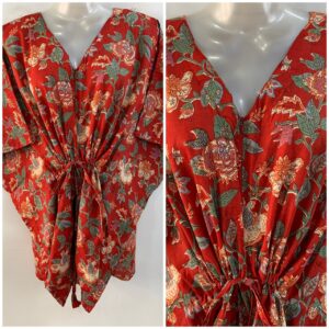 Red Shade Orange Marigold Flower Print Cotton Nursing Maternity Kaftan Tops