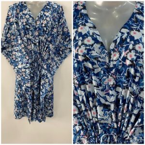 Blue shade Pink Flower Leafy Abstract Print Mid-Length Cotton Maternity Kaftan Dress