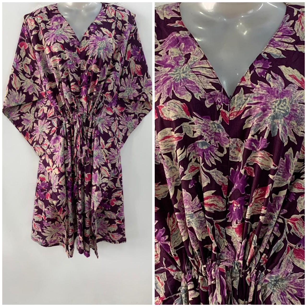 Plum Shade Cactus Flower Print Mid-Length Cotton Maternity Kaftan Dress