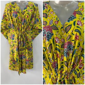 Bright Yellow shade Pink Dalia Print Mid-Length Cotton Maternity Kaftan Dress