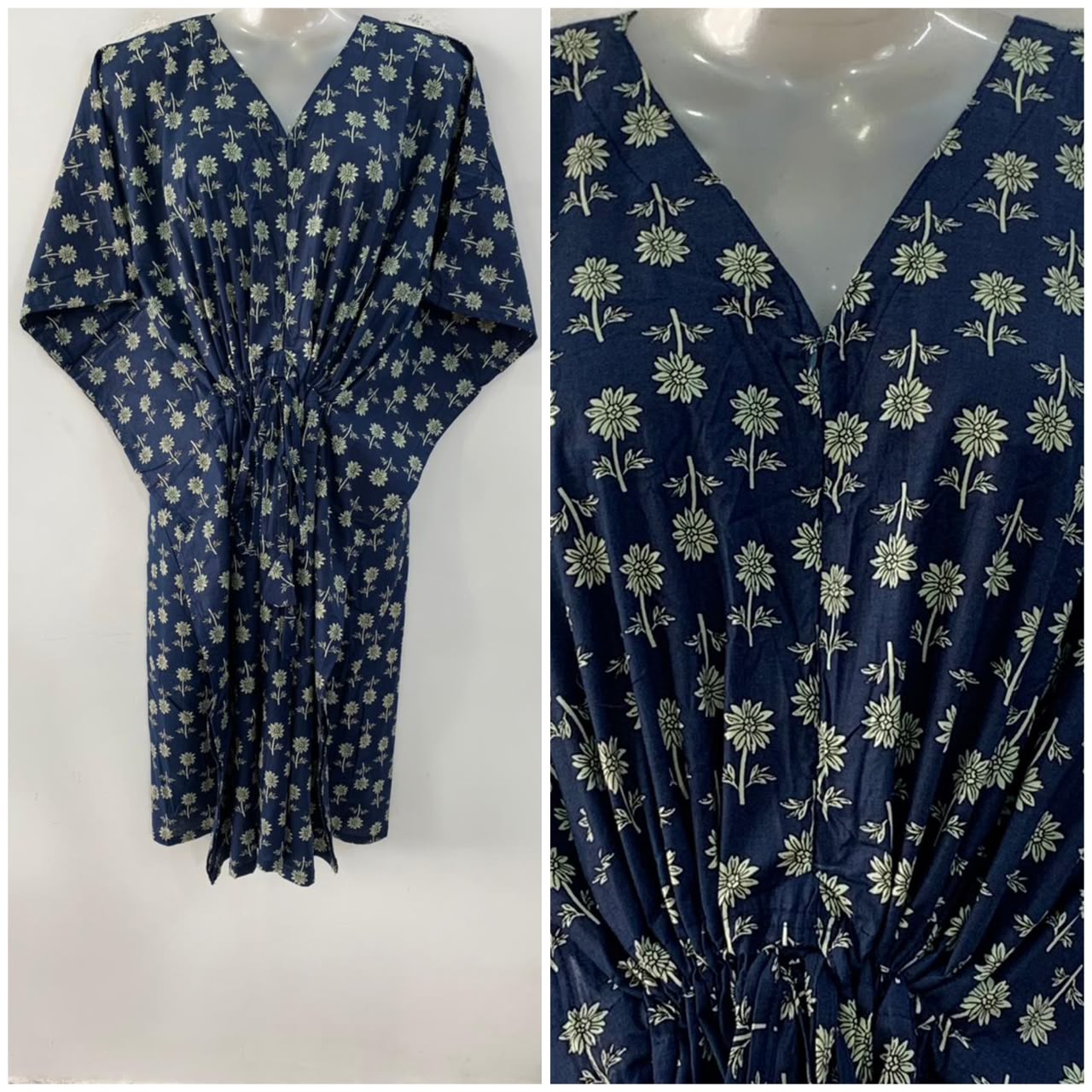 Dark Blue shade Tiny Flower Print Mid-Length Cotton Maternity Kaftan Dress