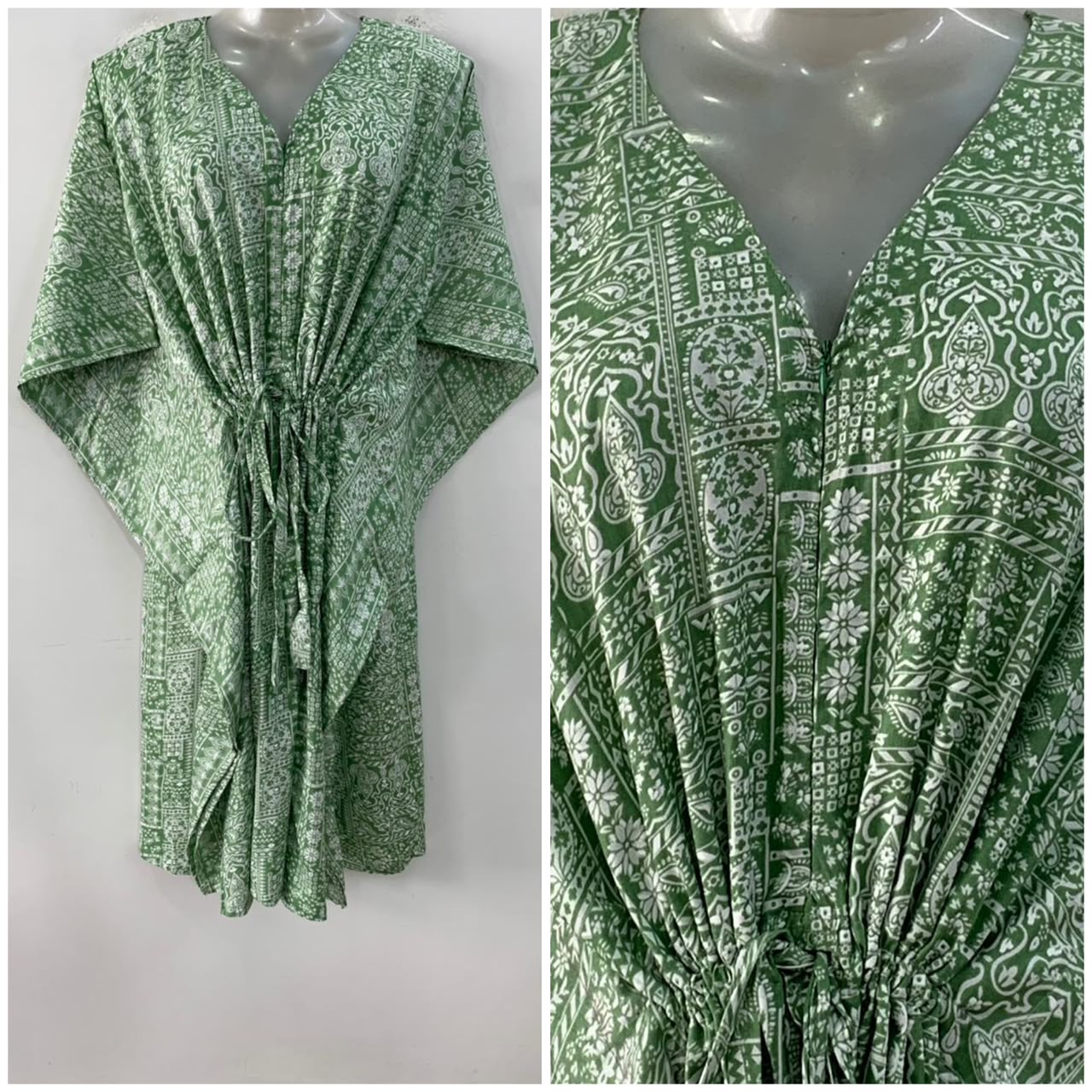 Pastel Green Boho Print Mid-Length Rayon Maternity Kaftan Dress