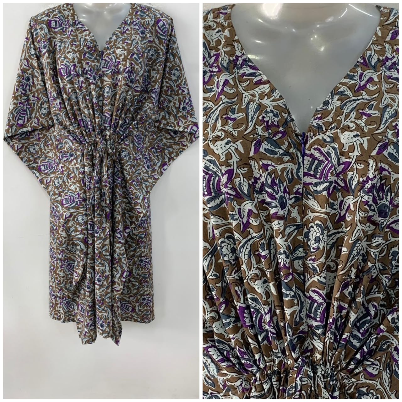 Brown shade Purple Kalamkari Print Mid-Length Cotton Maternity Kaftan Dress