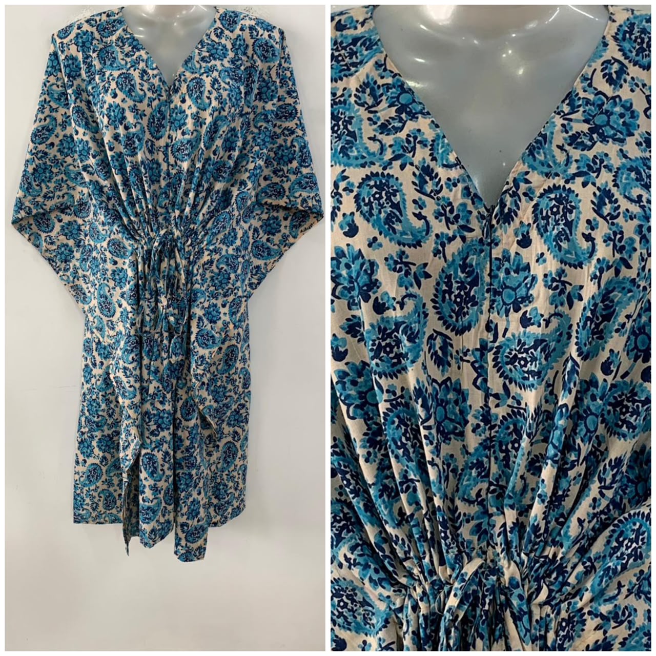 Off White shade Blue Flower Alp Print Mid-Length Cotton Maternity Kaftan Dress