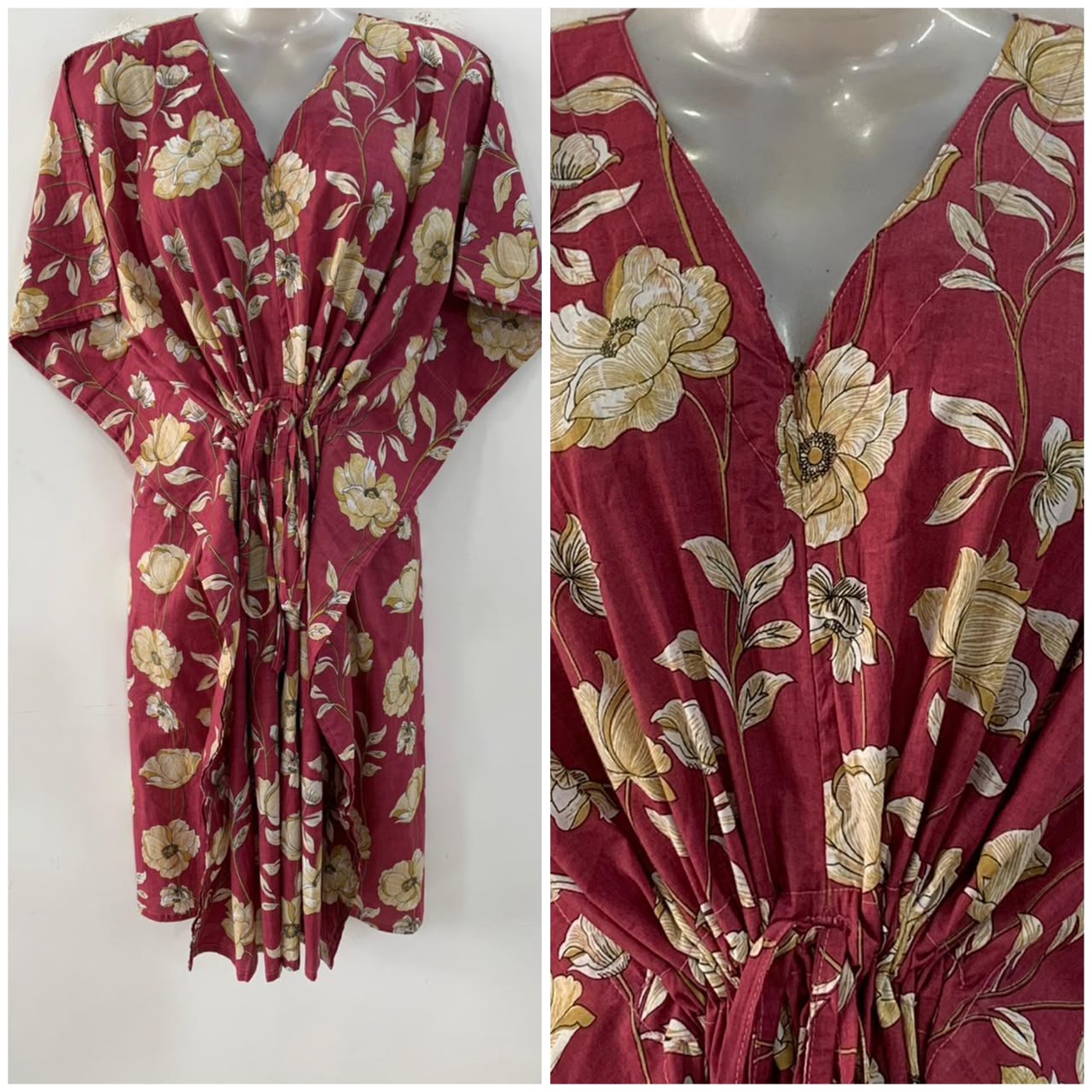 Slate Pink Shade Tiffany Rose Print Mid-Length Cotton Maternity Kaftan Dress