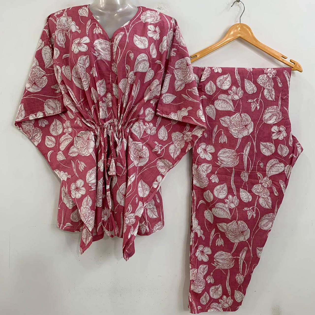 Slate Pink Shade Cotton Flower Print Cotton Maternity Kaftan Co-Ord Set