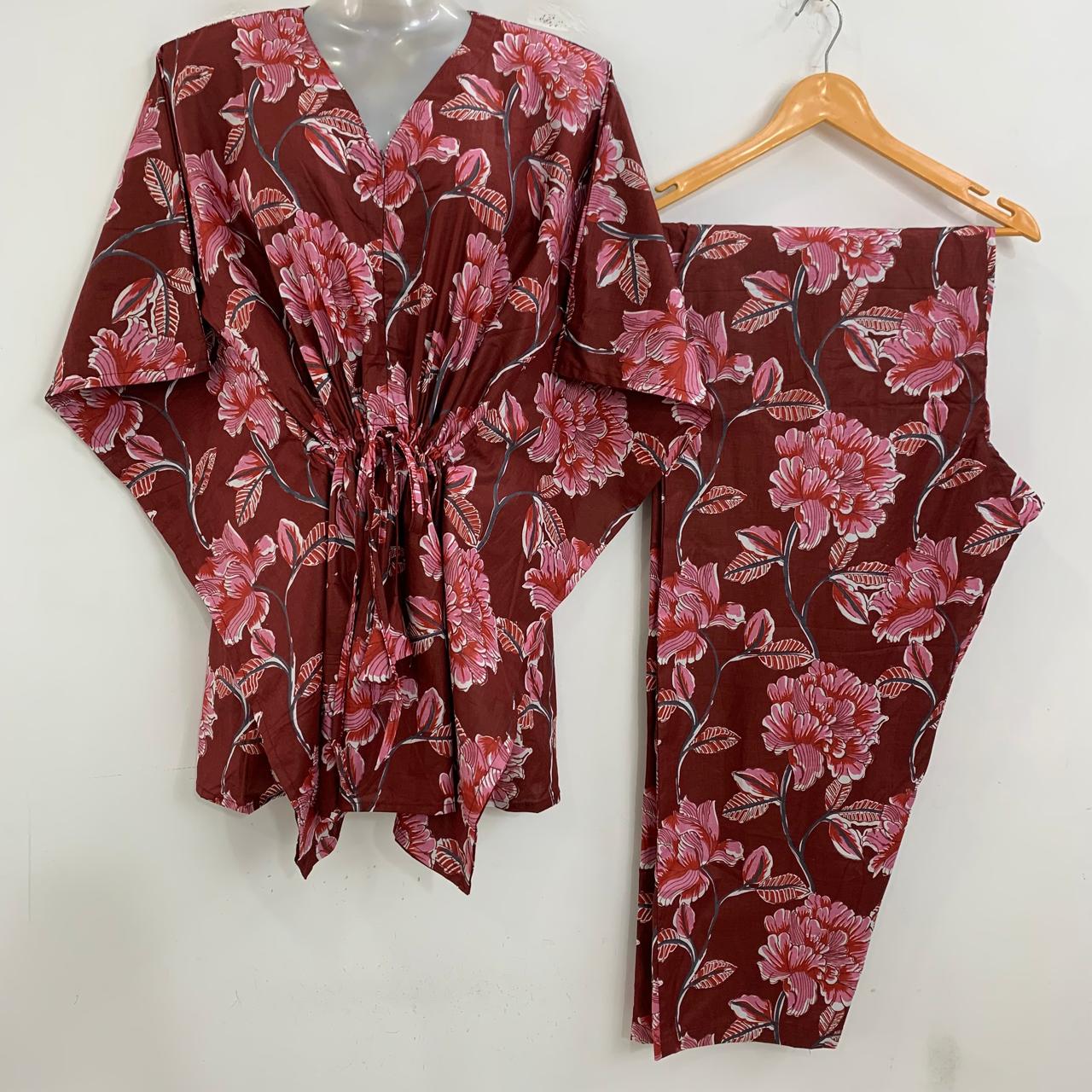 Brick Red Shade Pink Earth Lotus Flower Print Cotton Maternity Kaftan Co-Ord Set