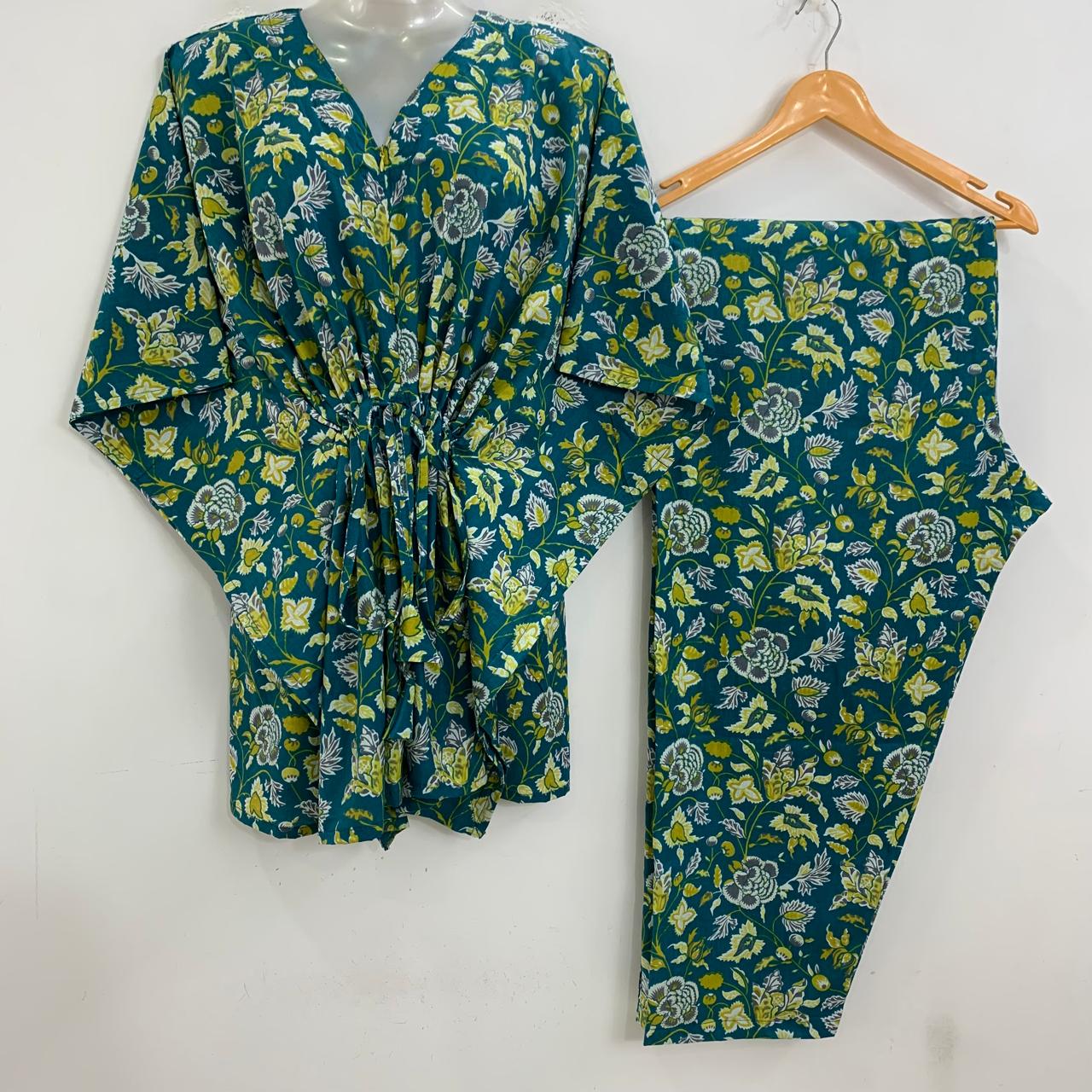 Green shade Grey Marigold Flower Garden Print Cotton Maternity Kaftan Co-Ord Set