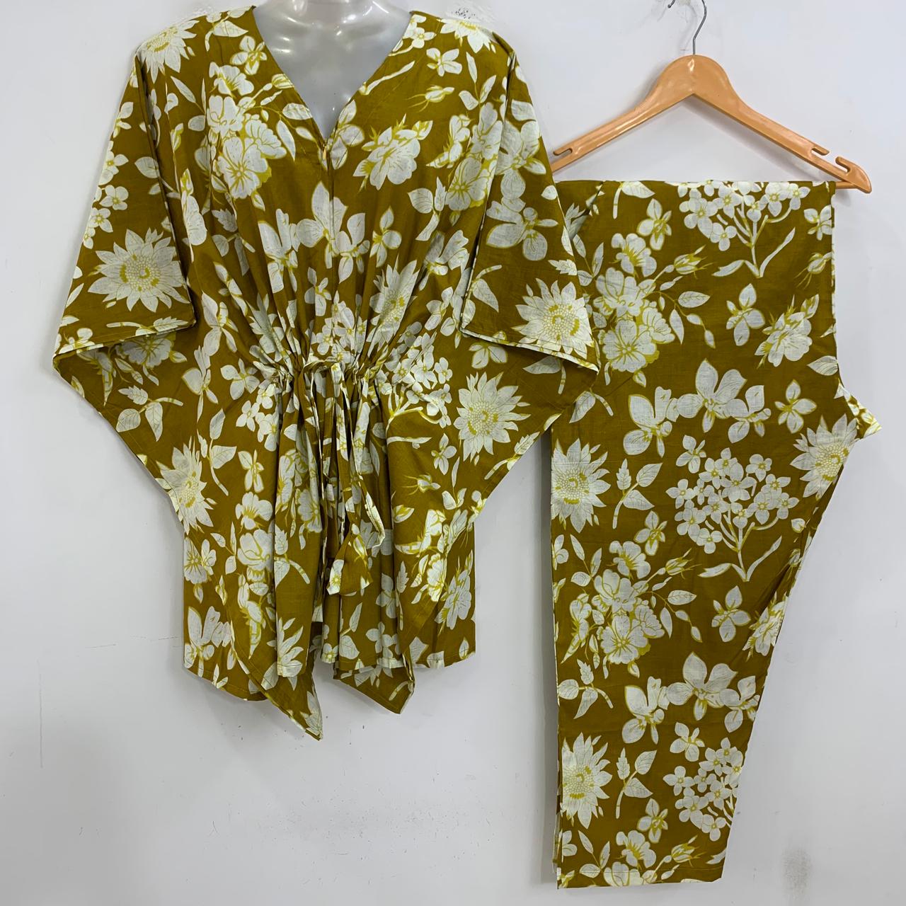 Mustard Yellow shade Fall Flower Print Cotton Maternity Kaftan Co-Ord Set