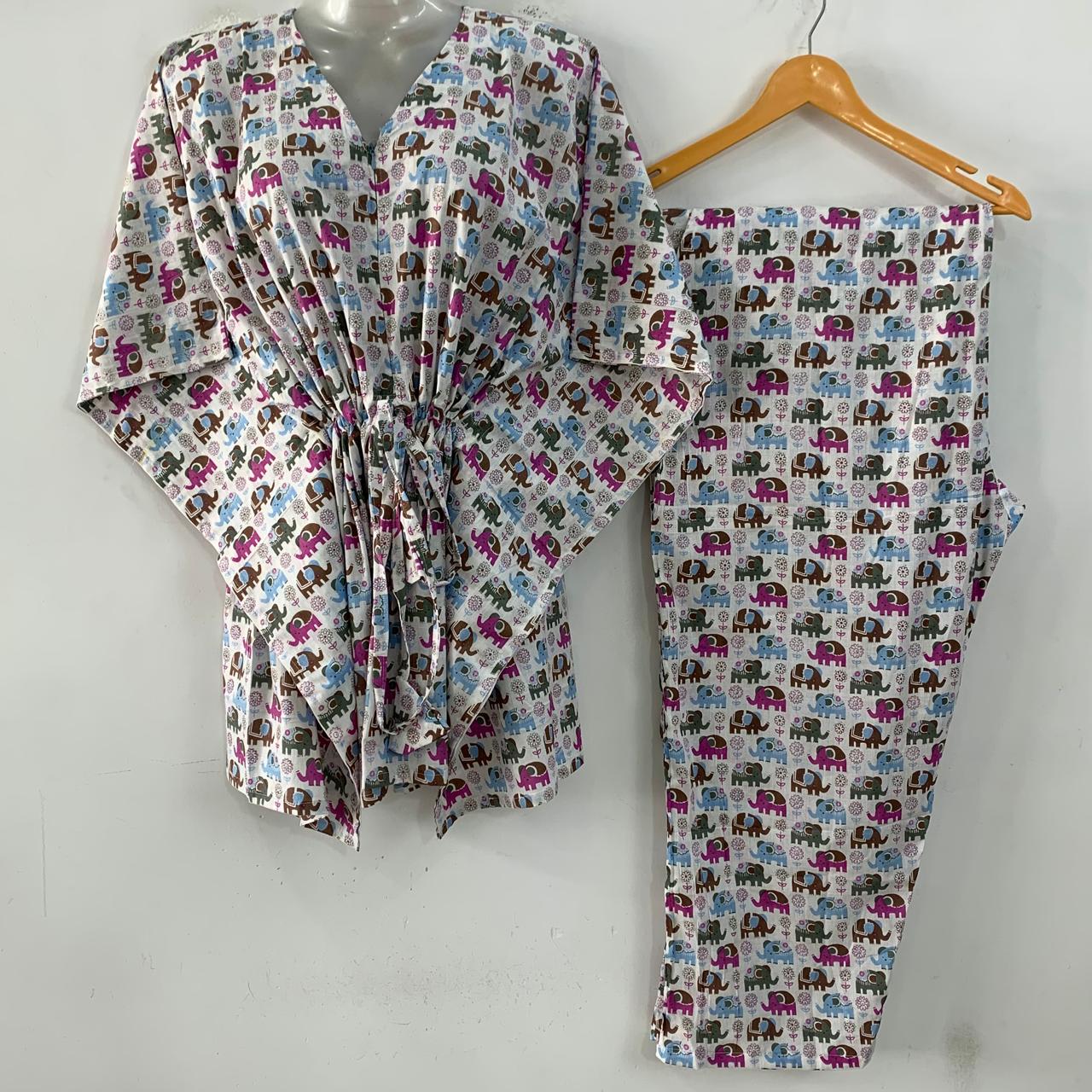 Blue- Pink Toy Elephant Print Cotton Maternity Kaftan Co-Ord Set