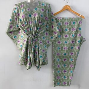 Light Green shade Purple-Blue Kite Print Cotton Maternity Kaftan Co-Ord Set