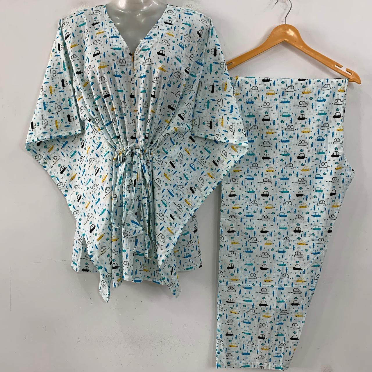 White shade Blue-Black Tiny Car Print Cotton Maternity Kaftan Co-Ord Set