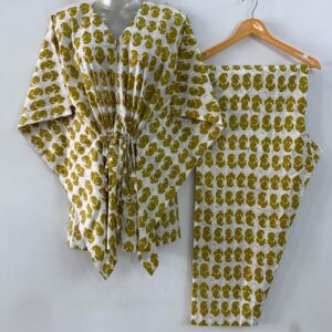 White shade yellow single leafy Print Cotton Maternity Kaftan Co-Ord Set