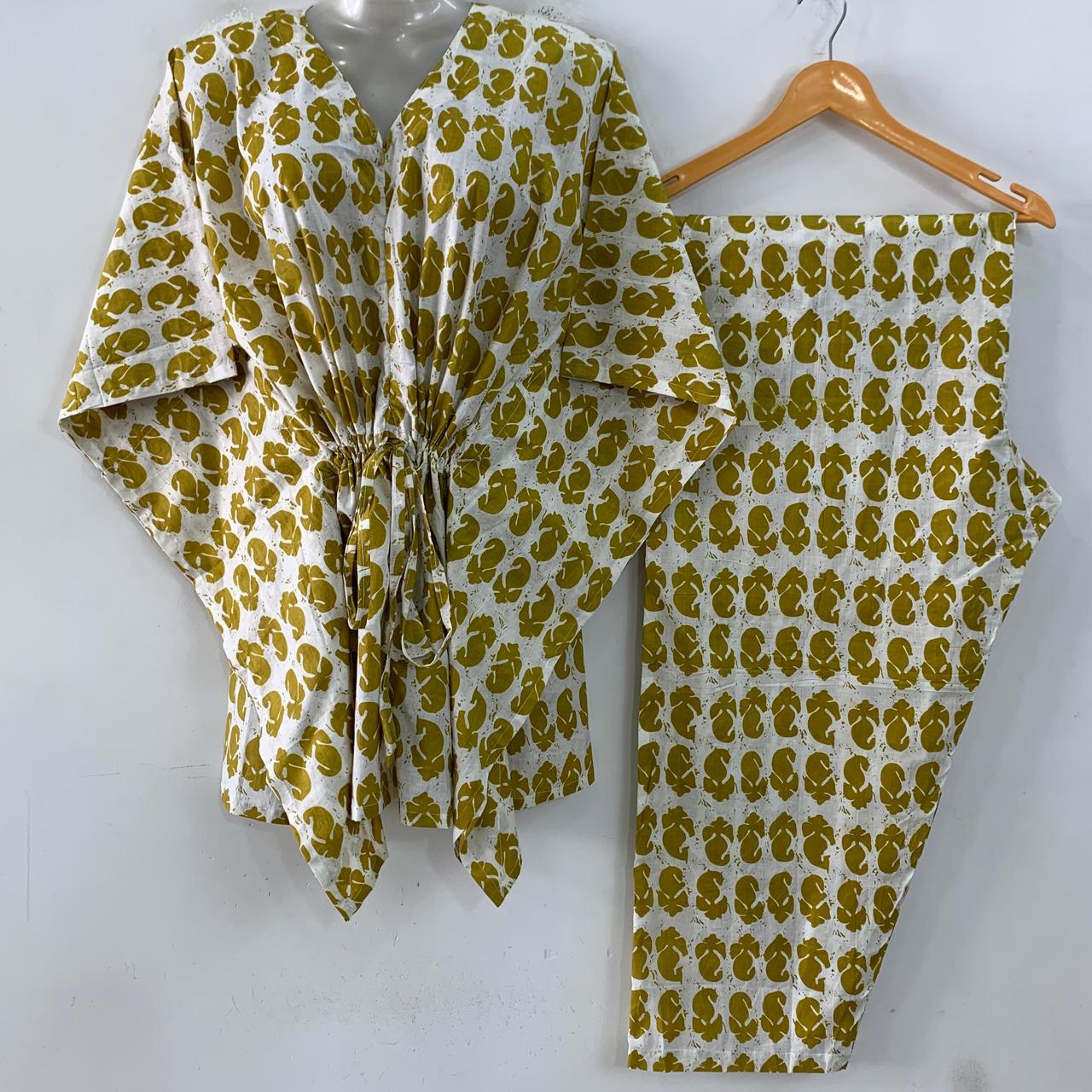 White shade yellow single leafy Print Cotton Maternity Kaftan Co-Ord Set