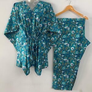 Blue shade White flower Yellow leafy Bale Print Cotton Maternity Kaftan Co-Ord Set