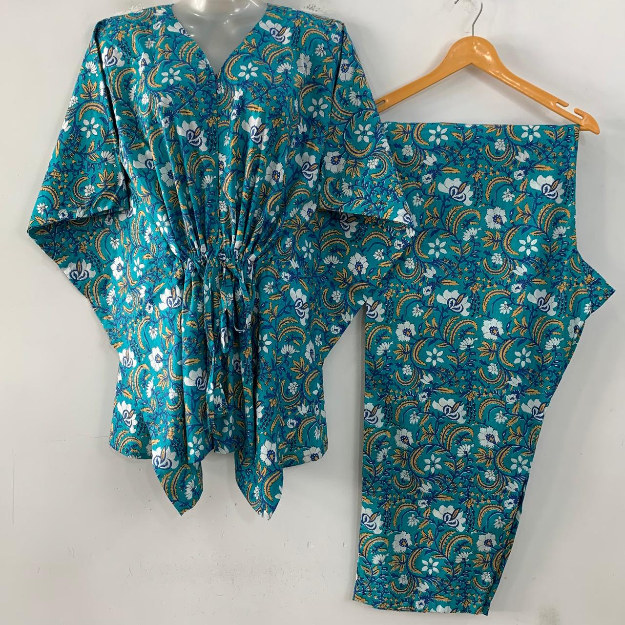Blue shade White flower Yellow leafy Bale Print Cotton Maternity Kaftan Co-Ord Set