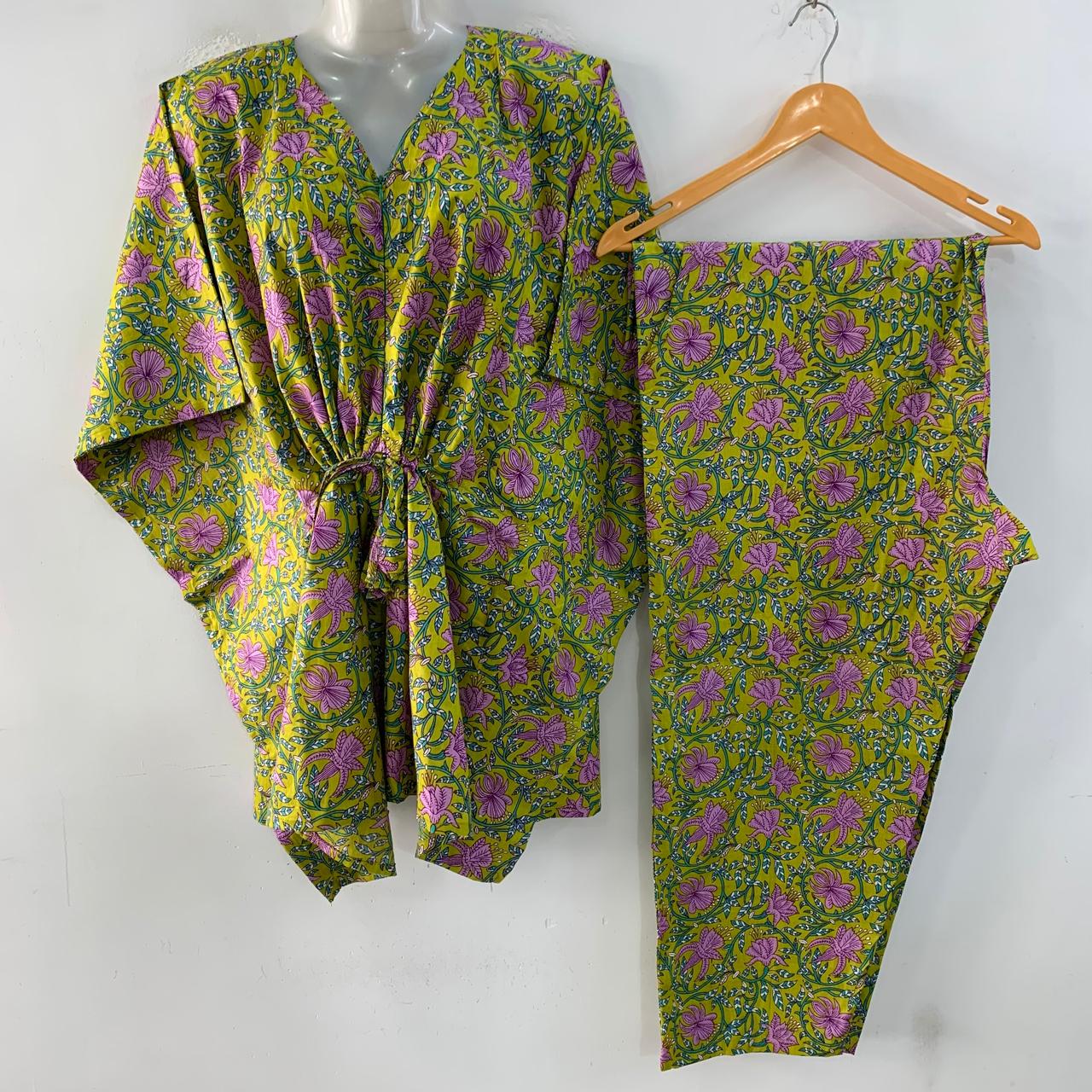 Lime yellow shade Purple Lotus Bale Print Cotton Maternity Kaftan Co-Ord Set