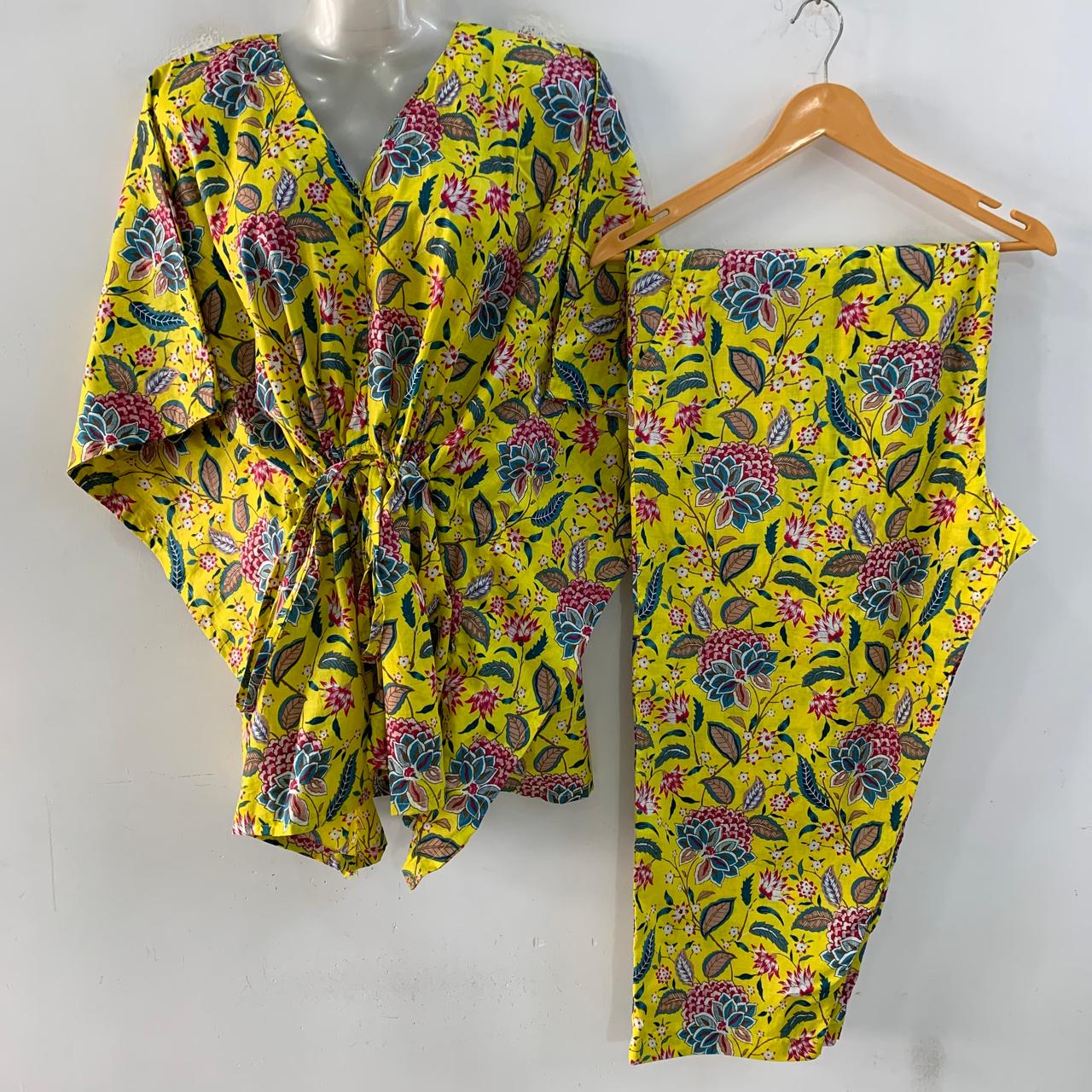 Bright Yellow shade Pink Dalia Print Cotton Maternity Kaftan Co-Ord Set