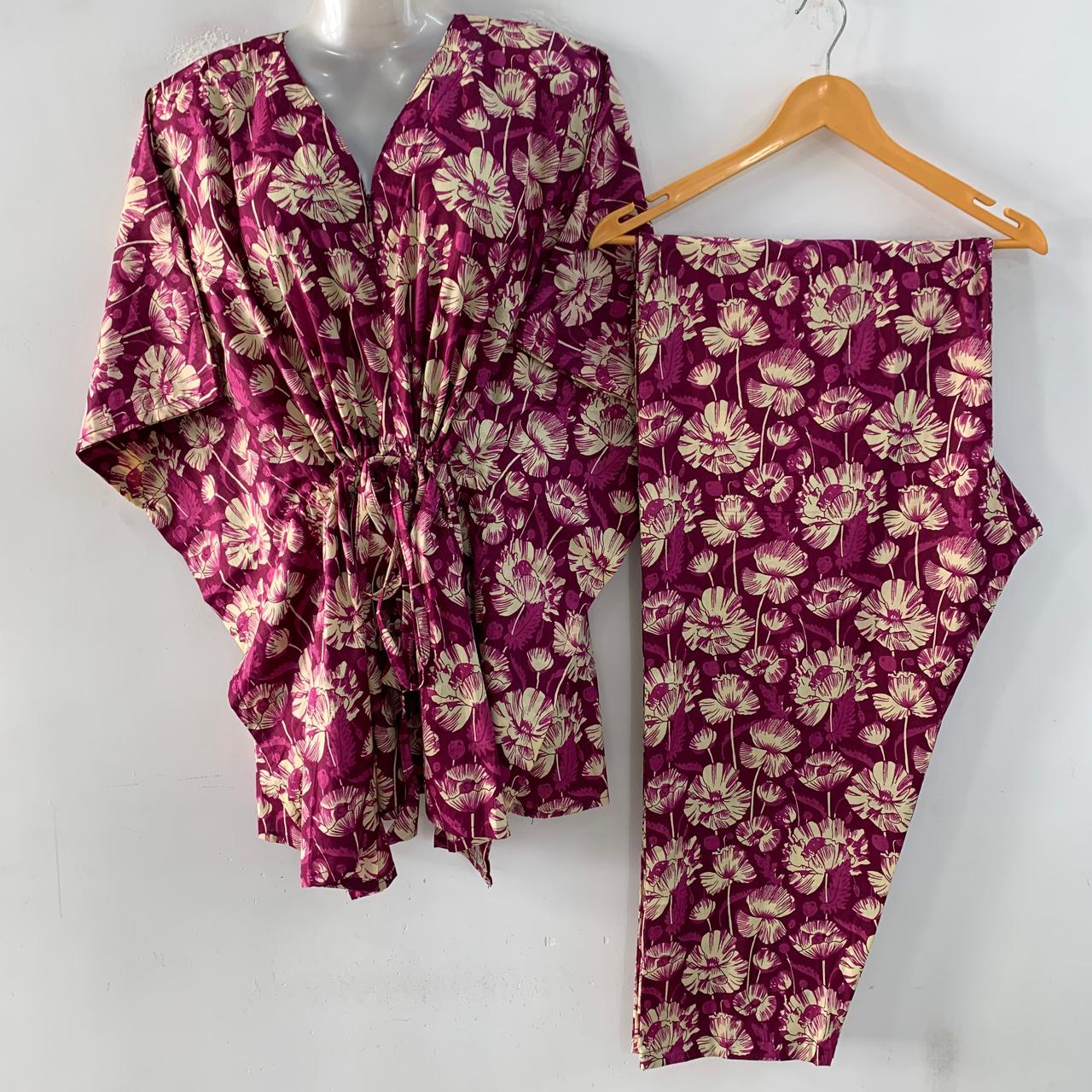 Purple shade Lotus Stem Print Cotton Maternity Kaftan Co-Ord Set