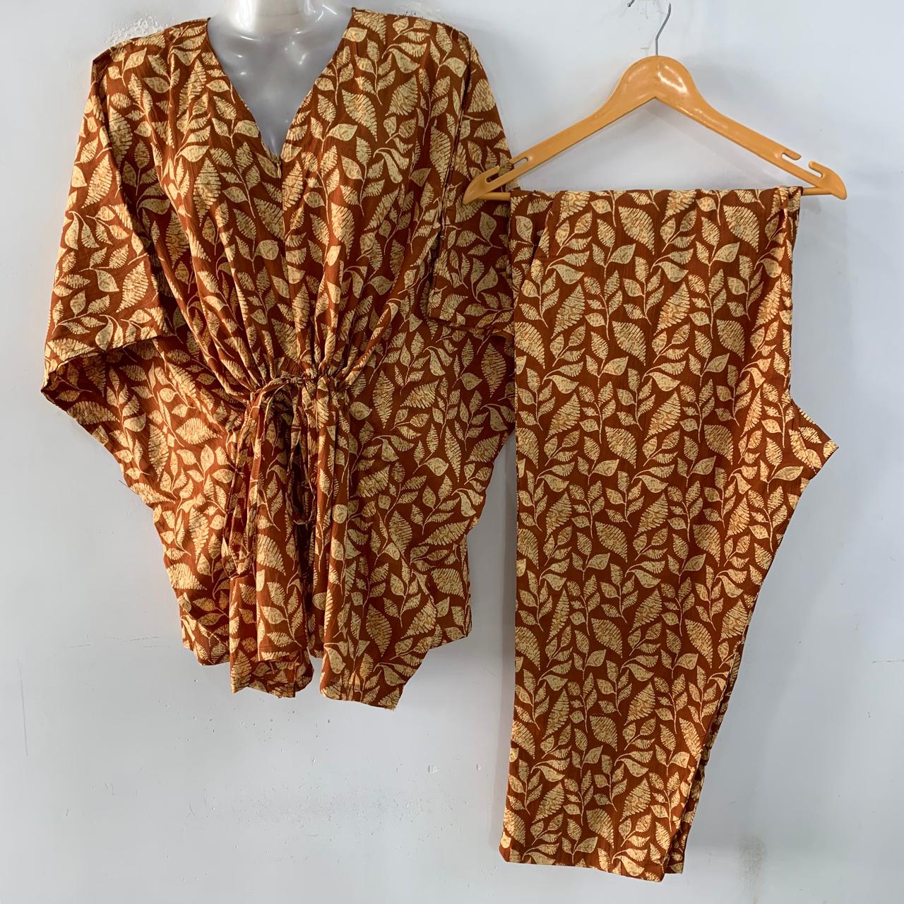 Matt Brown shade Leafy Print Cotton Maternity Kaftan Co-Ord Set