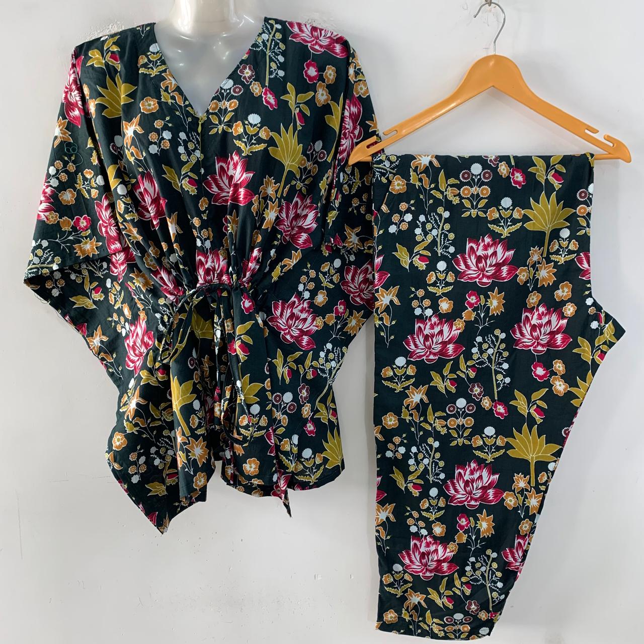 Dark Green shade Pink Lotus Garden Print Cotton Maternity Kaftan Co-Ord Set