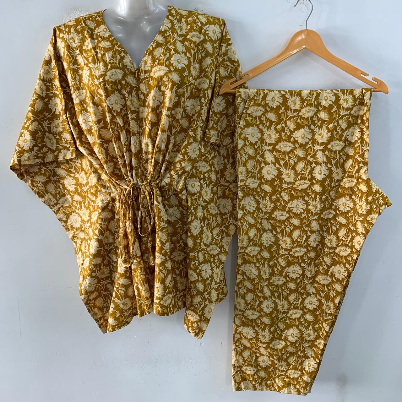Mustard Yellow shade Small Poppy Flowery Print Cotton Maternity Kaftan Co-Ord Set