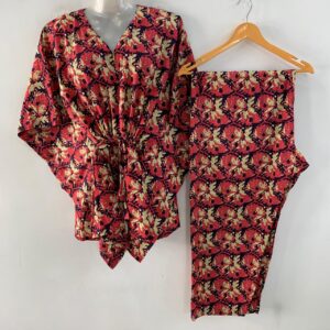 Dark Purple shade Pink Leafy Abstract Print Cotton Maternity Kaftan Co-Ord Set