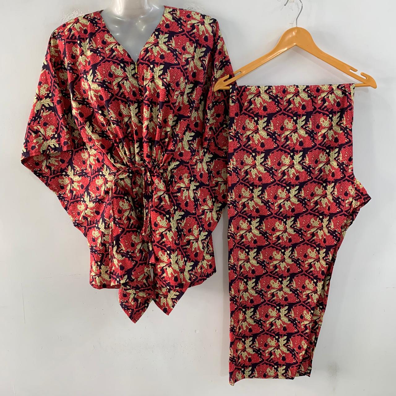 Dark Purple shade Pink Leafy Abstract Print Cotton Maternity Kaftan Co-Ord Set