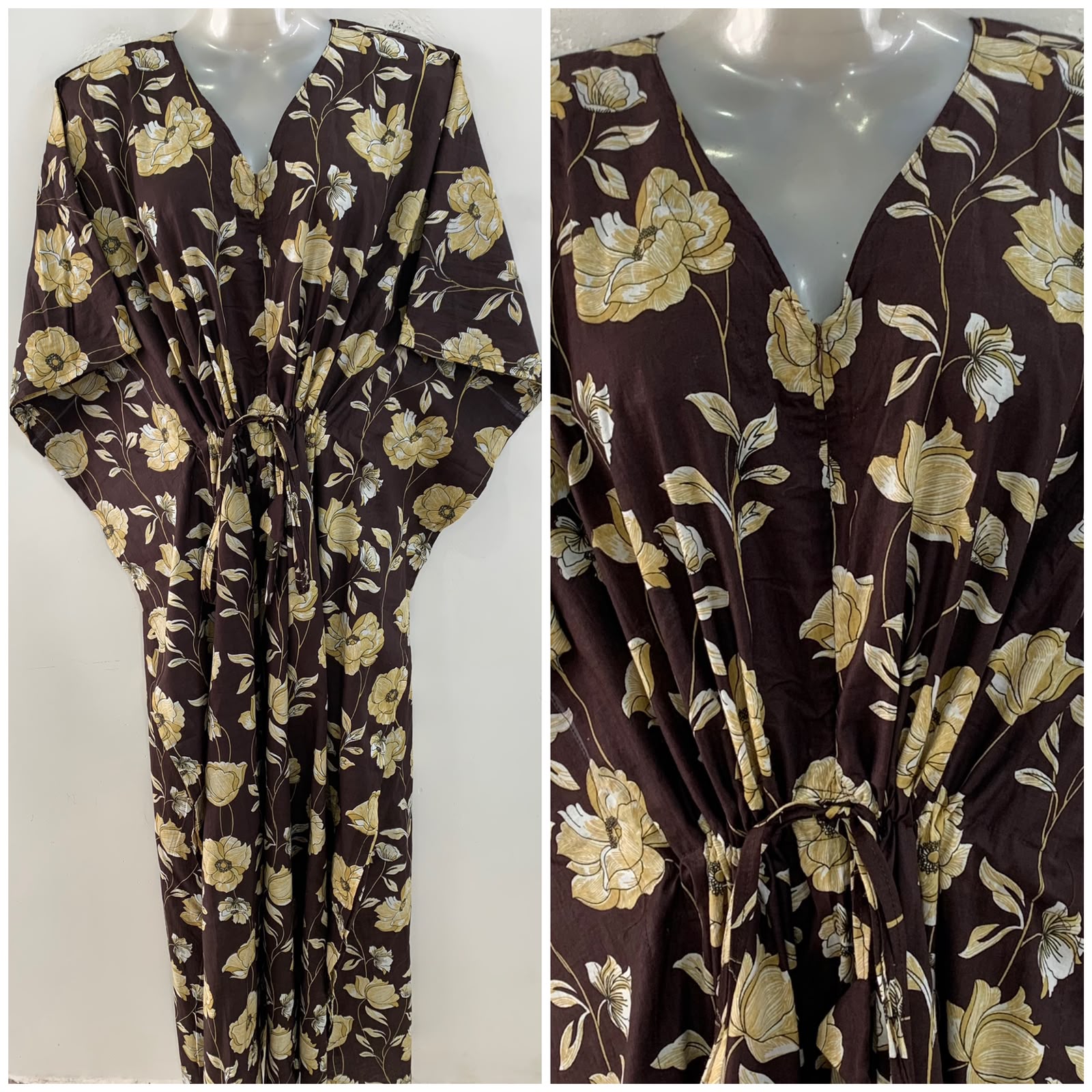 Dark Brown shade Tiffany Rose Print Cotton Maternity Nursing Kaftan