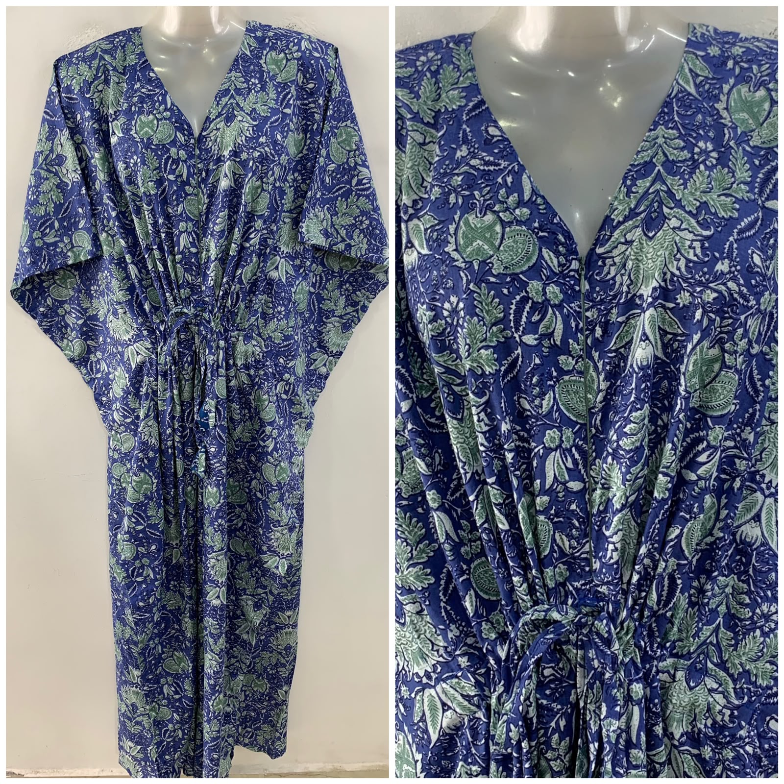Blue Shade Green Marigold Flower Garden Print Cotton Maternity Nursing Kaftan