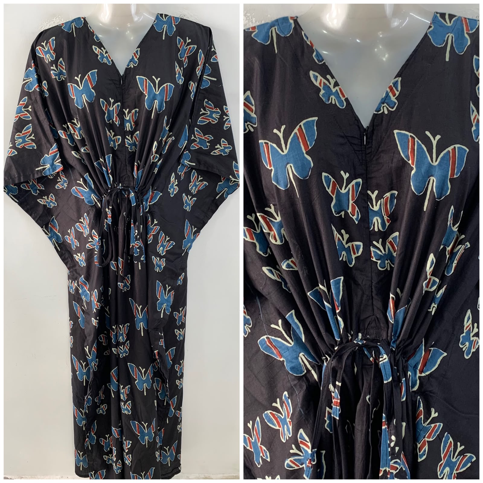 Black Shade Blue Butterfly Print Cotton Maternity Nursing Kaftan