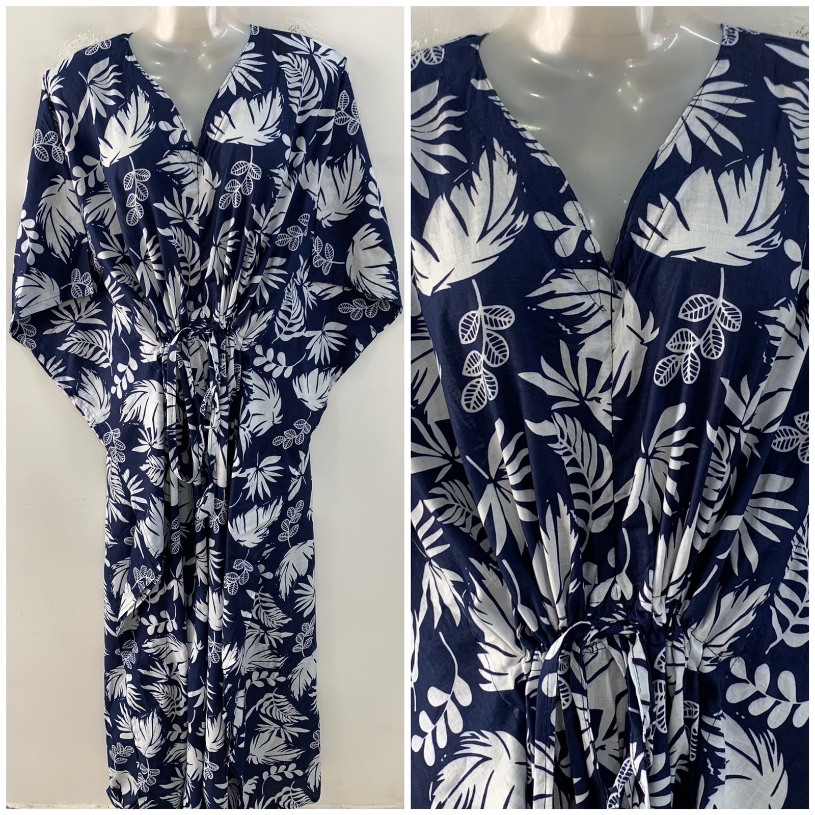 Dark Blue shade Big White Leafy Print Cotton Maternity Nursing Kaftan
