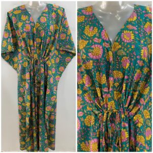 Green shade Pink-Yellow Marigold Flower Print Cotton Maternity Nursing Kaftan