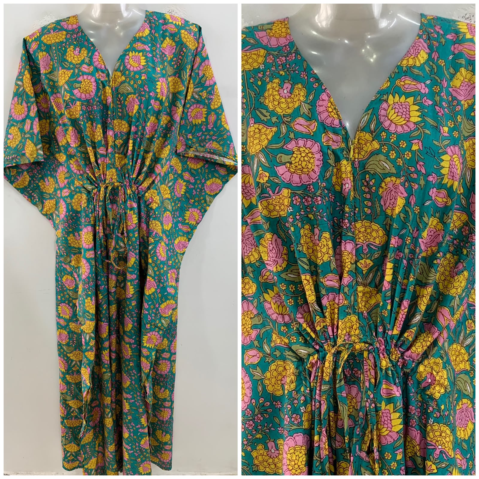 Green shade Pink-Yellow Marigold Flower Print Cotton Maternity Nursing Kaftan