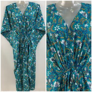 Blue shade White Flower Yellow Leafy Bale Print Cotton Maternity Nursing Kaftan